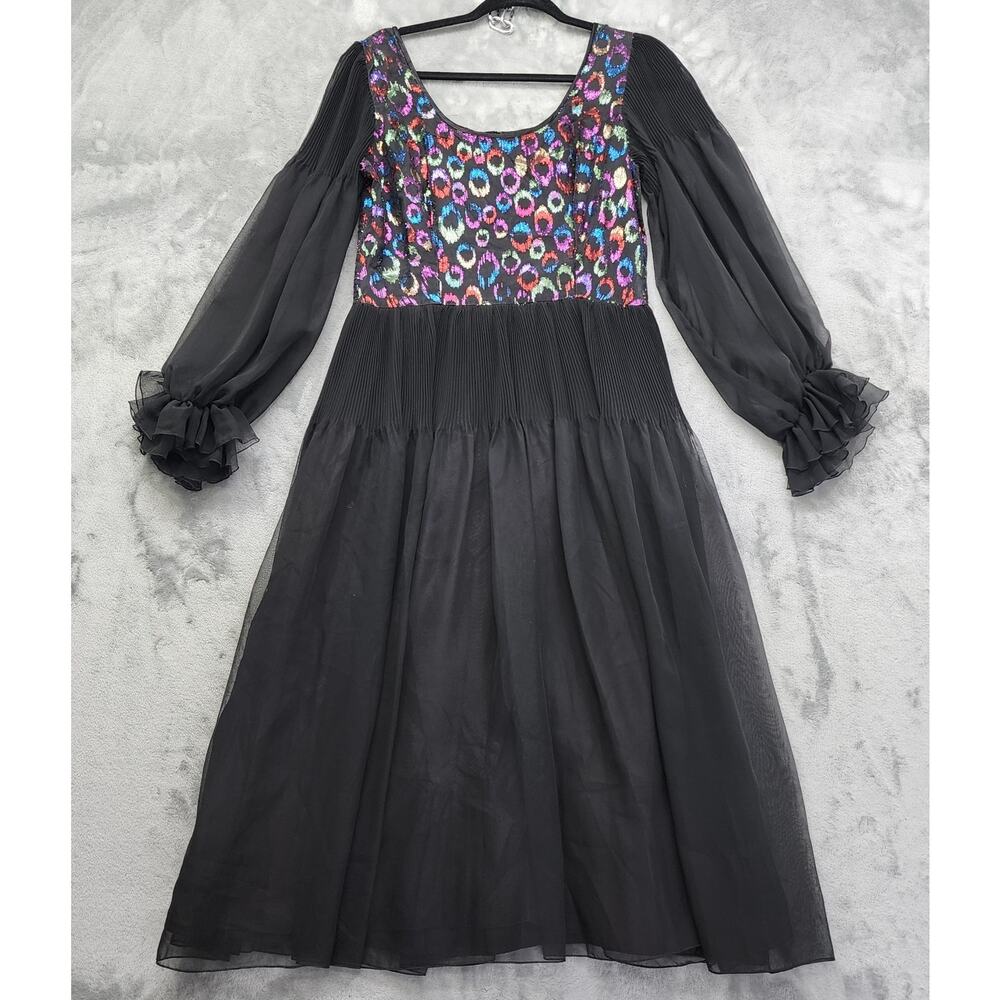 Vintage 70s JOHN CHARLES Sheer Long Sleeve‎ Pleated Dress Size US 14 UK 16 Black